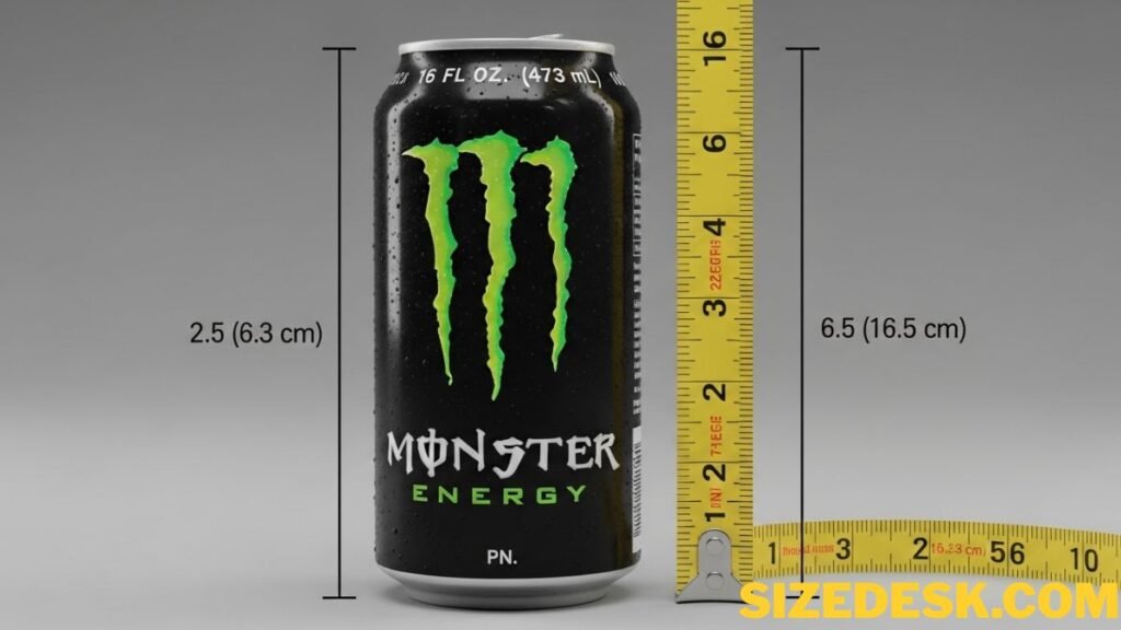Standard 16 oz Monster can dimensions showing height 6.2 inches and diameter 2.6 inches