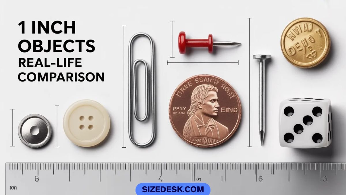 1 inch objects including bottle cap, quarter coin, paperclip and thumb segment for size comparison