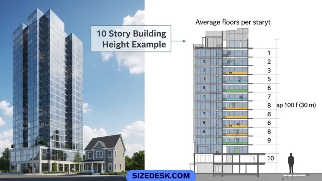 Ten story building showing approximately 100 feet height