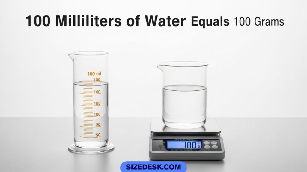 100 milliliters of water measured in a clear glass equals 100 grams