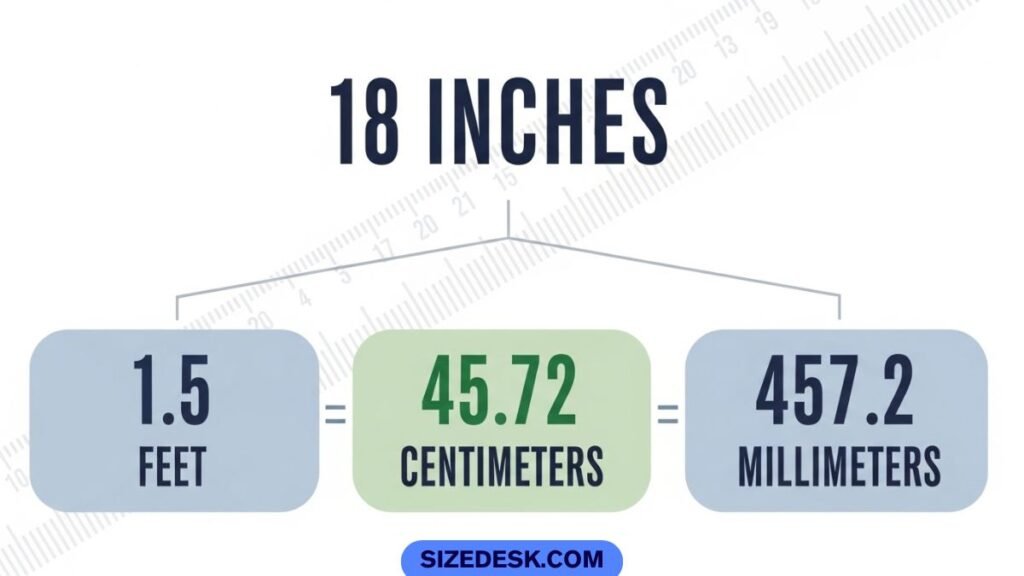 18 inches conversion chart showing feet, centimeters, and millimeters