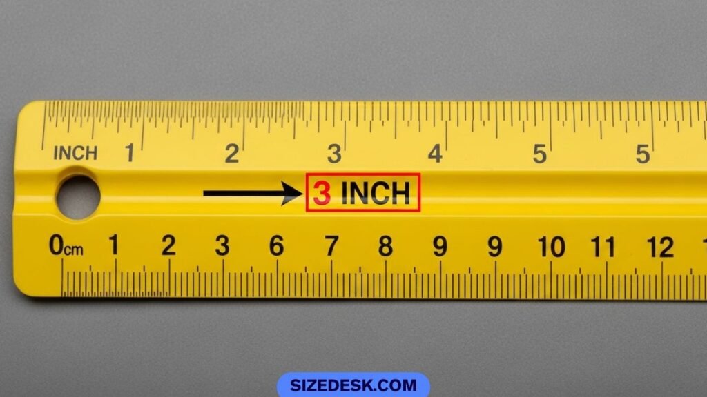 Close-up of the 3 inch mark on a 12 inch ruler