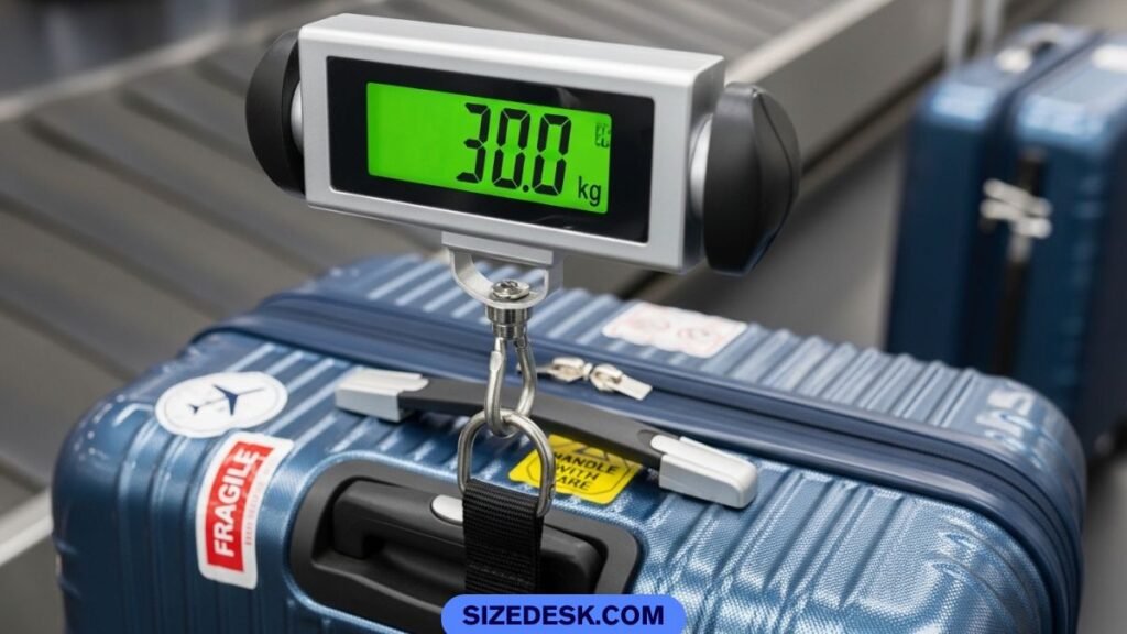 Large suitcase weighing around 30 kilograms on luggage scale