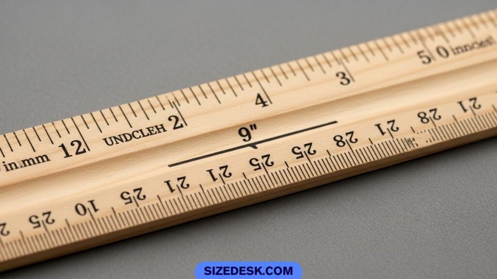 Nine inches marked on a standard 12-inch ruler showing three-quarter length