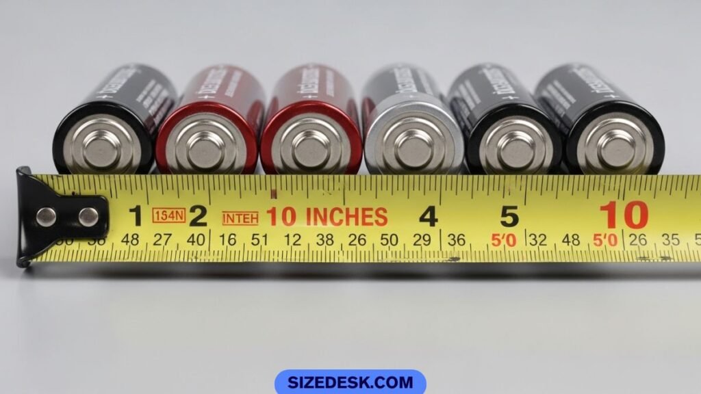 Five AA batteries placed end to end measuring approximately 10 inches