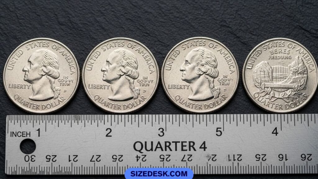 Four US quarters lined up to show approximately 4 inches in length