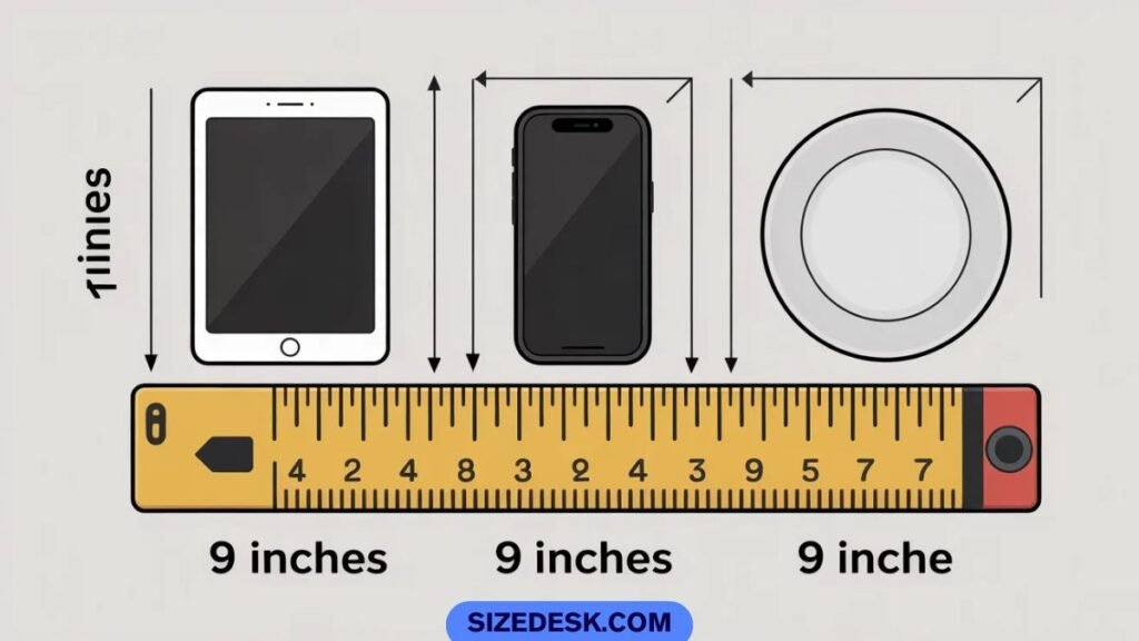 How long is 9 inches shown with ruler, baseballs, pizza, and printer paper for size comparison