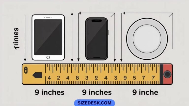 How long is 9 inches shown with ruler, baseballs, pizza, and printer paper for size comparison